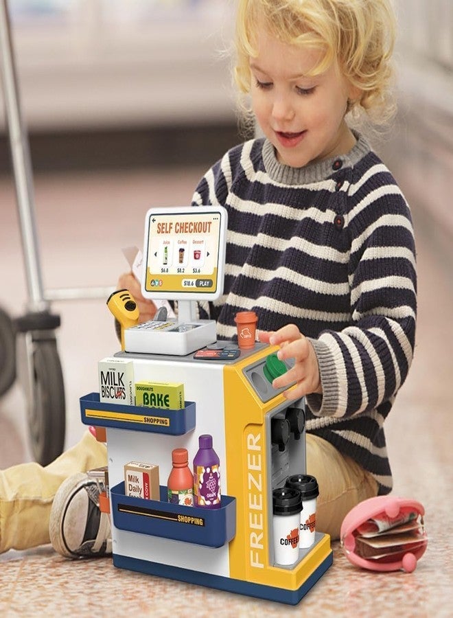 SKYBUCKET Cash Register Playsetith Sound Light Mini Supermarket Pretend Play Store with Calculator, Scanner, Credit Card Play Foods Gift for Kidsges 3+ - Image 4